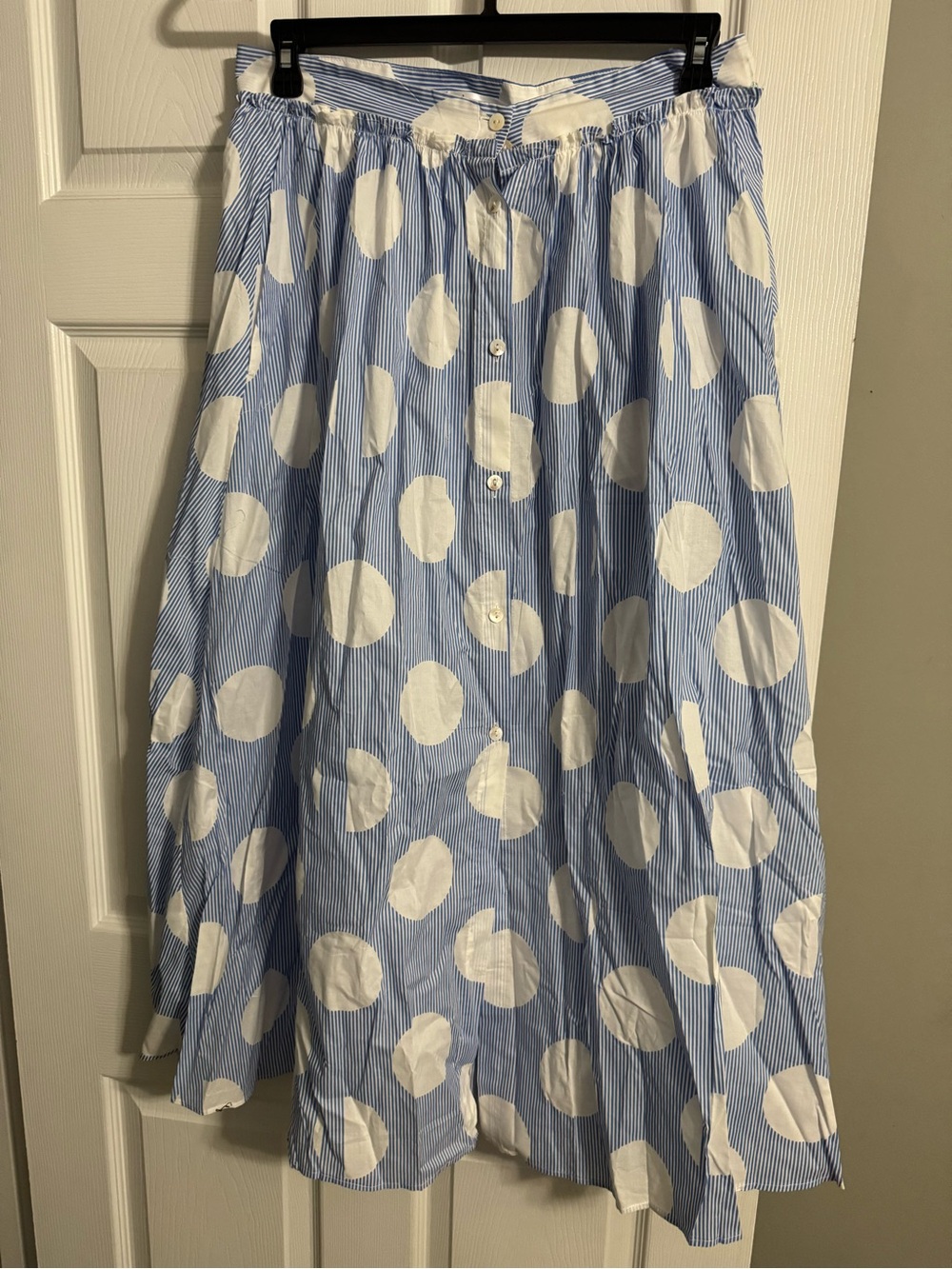 Blue and White Polka Dot Button-Front Maxi Skirt